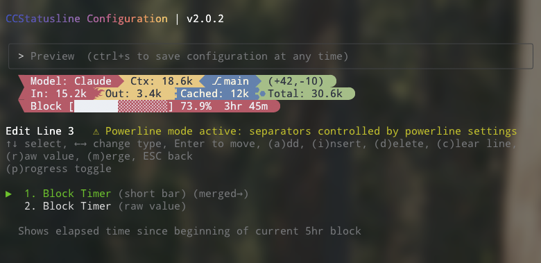 CC Statusline terminal interface showing customizable status bar with Powerline styling, real-time metrics, and interactive configuration options