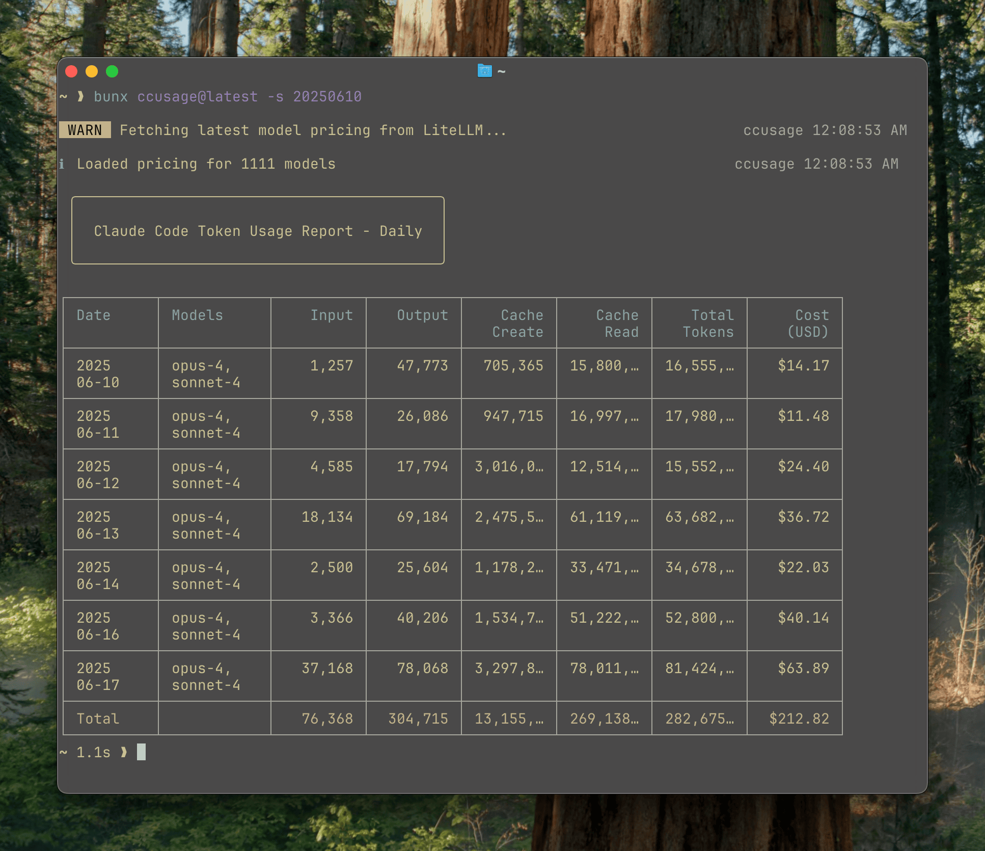CC Usage terminal interface displaying detailed daily usage report with model breakdown, token counts, cache statistics, and cost analysis in colorful table format