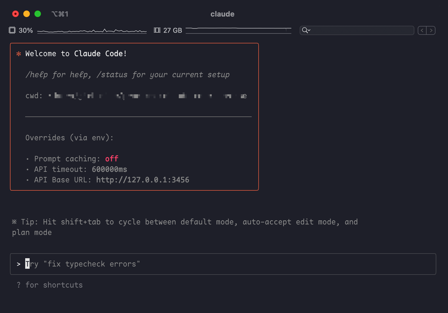 Claude Code Router terminal interface showing startup configuration with API proxy settings and router overrides displaying localhost routing setup