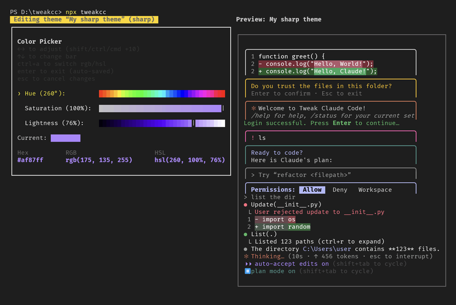 TweakCC terminal interface showing theme customization with color picker, animation selection, and personalization options